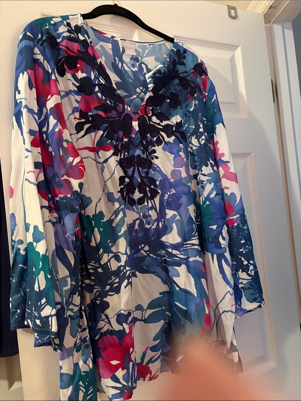 Chico's Blue Floral V-Neck Blouse with Pink & Teal Accents